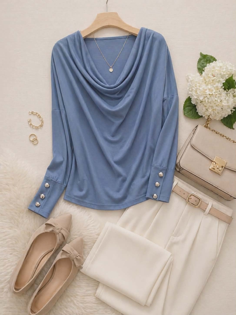 Draped Neck Long-Sleeve Top in Dusty Blue Button Detail Size Small